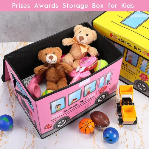 Miniatura 4 de Sweetude Caja del tesoro de autobús escolar de 2 piezas para el aula, caja plegable de almacenamiento de juguetes con tapa, organizador de tesoros