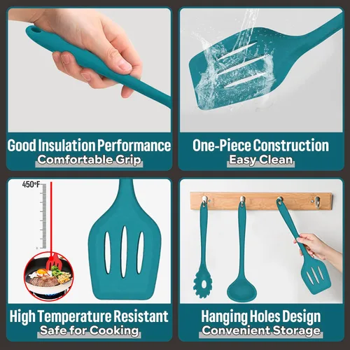 Miniatura 3 de E-far - Juego de utensilios de cocina de silicona, 7 piezas, color azul, resistentes al calor, herramientas antiadherentes, espátula, cucharón