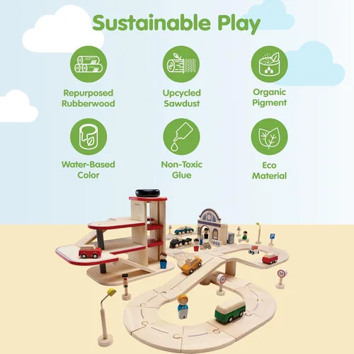 Miniatura 3 de PlanToys® Wooden City Transit Rail & Road Playset Montessori Building Activity for City Planning, Transport Systems & Role Play Eco Friendly Toy