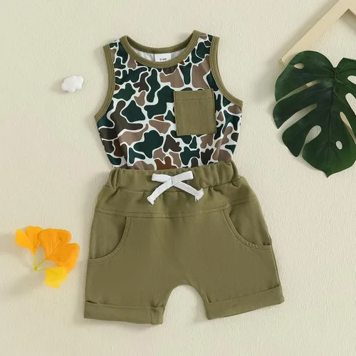 Miniatura 29 de Ropa de bebé niño sin mangas + pantalones cortos con estampado a rayas con bolsillos, 2 piezas de trajes de verano