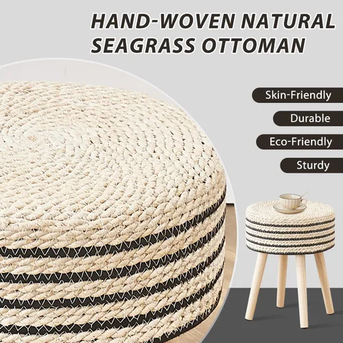 Miniatura 4 de Cpintltr Taburete otomano redondo de hierba marina natural, puf otomano con patas de madera maciza, reposapiés de jacinto tejido a mano, taburete