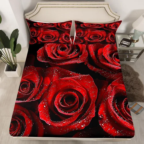 Miniatura 2 de Erosebridal Ropa de cama de 3 piezas de rosa roja, tamaño individual, sábana bajera y sábana encimera para mujeres y niñas, estampado de momentos