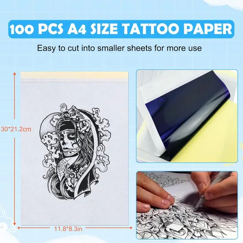 Miniatura 3 de Papel de transferencia de tatuajes, 100 hojas de papel de plantilla de tatuaje, papel de plantilla para tatuaje, tamaños A4, kit de plantillas