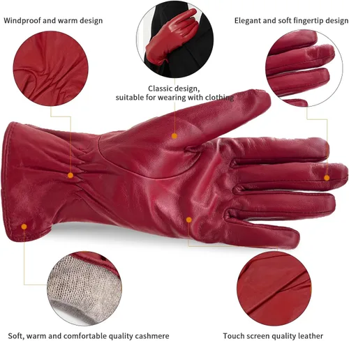 Miniatura 2 de ZLUXURQ Guantes de cuero suave italiano de lujo para mujer, guantes de piel de oveja genuina para mujer, guantes de clima frío con forro de cachemira