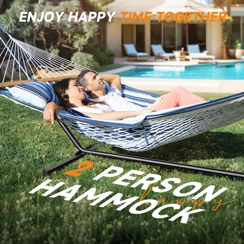 Miniatura 2 de Everyfun - Hamaca para 2 personas al aire libre con soporte, hamaca de cuerda de algodón con almohadilla de poliéster, estructura de acero