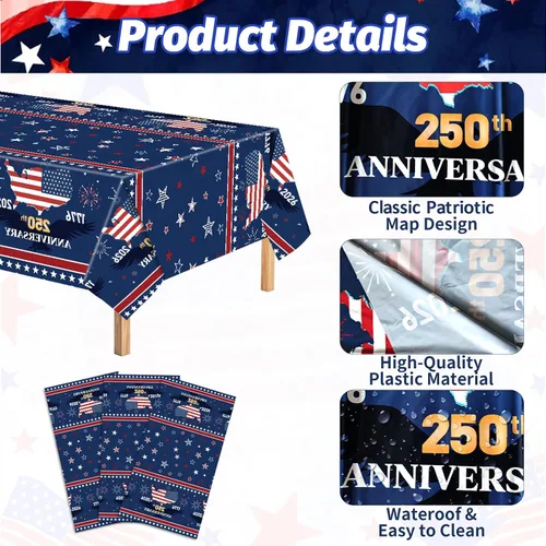 Miniatura 3 de 3 manteles de plástico de 54 x 108 pulgadas, manteles de plástico desechables rectangulares para el Día de la Independencia de Estados Unidos