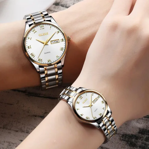 Miniatura 67 de OLEVS Juego de 2 relojes de cuarzo para parejas de San Valentín, calendario luminoso, ventana de fecha, 3 ATM, impermeable, casual, acero