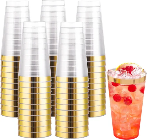 Miniatura 11 de I00000 Paquete de 100 unidades de vasos de plástico dorado de 12 onzas, vasos desechables con borde dorado, vasos de vino desechables y copas