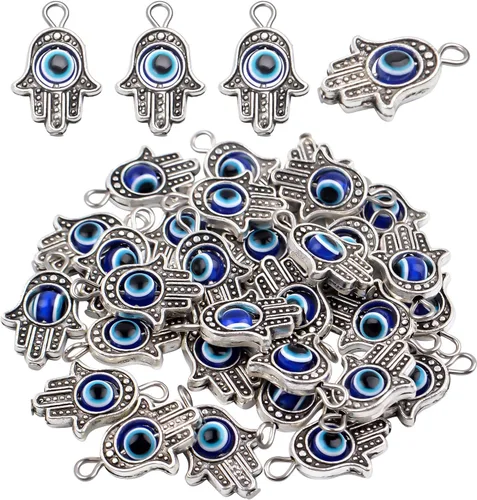 Aylifu Dijes de marco de cuentas de mano Hamsa, 30 piezas de dije de mal de ojo Hamsa con símbolo de mano de Fátima para bricolaje, collar y pulsera