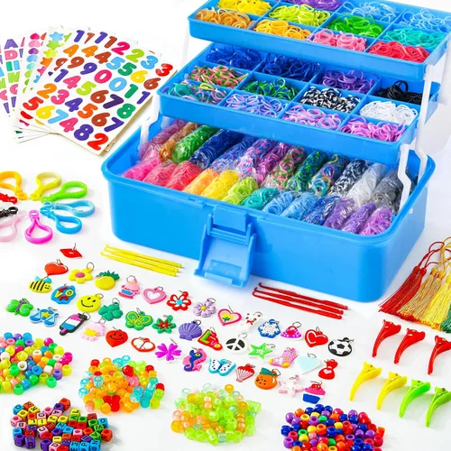 INSCRAFT Más de 17500 bandas de telar de goma con contenedor azul profundo de 3 capas, 28 colores, 600 clips en forma de S, 352 cuentas, 40 dijes de