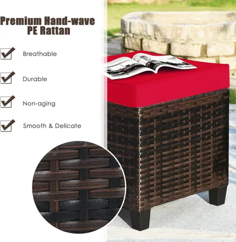 Miniatura 6 de HAPPYGRILL Juego de 2 piezas otomanas de mimbre de ratán para exteriores, con cojines extraíbles, muebles de patio, reposapiés, asiento para Marrón