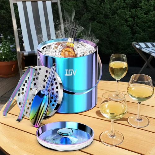 Miniatura 7 de IOV Cubo de hielo con tapa, cuchara, pinzas y colador, cubo de hielo aislado de doble pared de acero inoxidable de 3 L para fiestas, mantiene