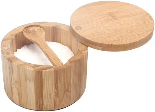 Miniatura 6 de KITCHENDAO Caja de cuenco de sal y pimienta de bambú, doble capacidad de 7 onzas y sótano de sal de bambú, 6 onzas