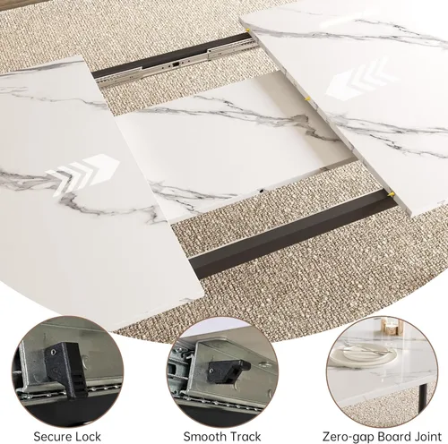 Miniatura 4 de HIPIHOM Mesa de comedor extensible para 6-8 personas, mesa rectangular de 63 a 78.7 pulgadas, MDF blanco con patas de metal resistentes, ahorro