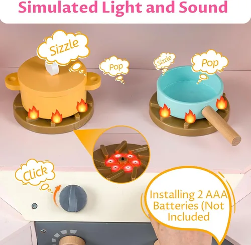 Miniatura 5 de INFANS Cocina esquinera para niños, juego de madera con carrito telescópico, luces realistas, sonidos, máquina de hielo, cajones de tela, horno