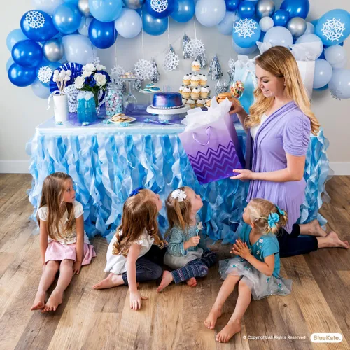 Miniatura 8 de Falda de mesa tutú azul. Falda de mesa de 6 pies con sauces de organza de doble capa para decoraciones bajo el mar, decoración de primer cumpleaños