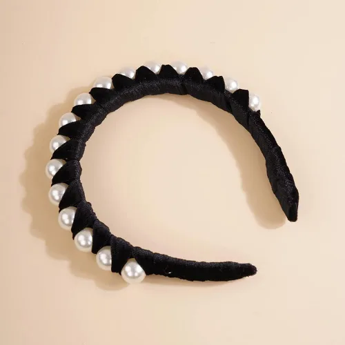 Miniatura 3 de Wiwpar Diademas de perlas de terciopelo para el pelo con perlas, elegante diadema de perlas antideslizantes, accesorios de moda para el cabello