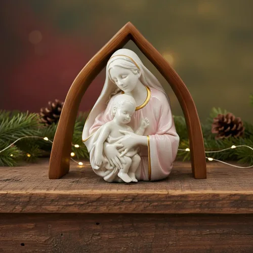 Miniatura 2 de Comfy Hour Figura de Virgen y el Niño de 10 pulgadas, estatua de niño de la Virgen María y Cristo con fondo de arco de aspecto de madera, acento