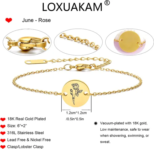 Miniatura 5 de Pulsera de flor de nacimiento de oro de 18 quilates grabada personalizada, pulseras con dije floral personalizado de acero inoxidable, cadena