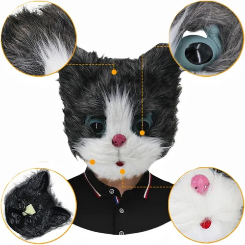 Miniatura 2 de GREUS Máscara de gato de felpa peluda de Halloween, disfraz de animal realista para hombres y mujeres