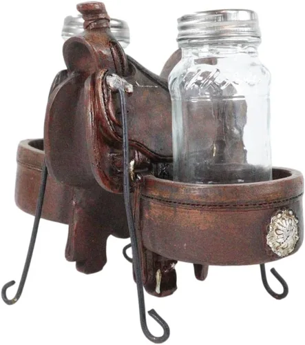 Miniatura 2 de Ebros Gift Country Western Cowboy Horse Sillín con 2 alforjas y conchos plateados, juego de estatuillas de sal y pimentero, acabado de cuero