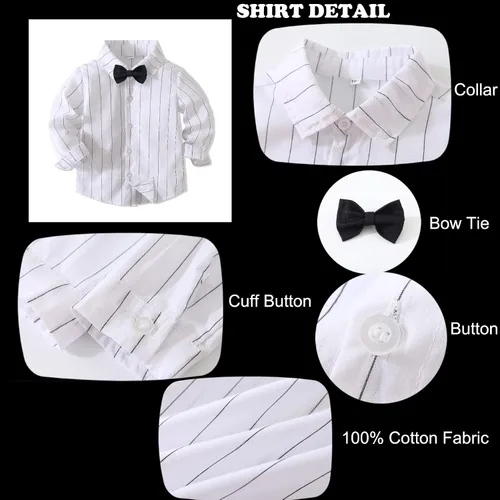 Miniatura 3 de Conjunto de 2 piezas para bebé, caballero blanco y negro con corbatín y pantalones para bebé, conjunto formal con tirantes