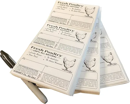 Etiquetas para congelador de aves de corral 4 "x 2.5" con instrucciones de manejo seguro y exención - PL 90-492 (25)