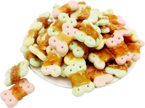 Miniatura 2 de Golosinas envueltas en pollo para perros, masticables sin cuero crudo, 8 onzas 30% real poultry; 60% baked core; 15% protein; easily digestible