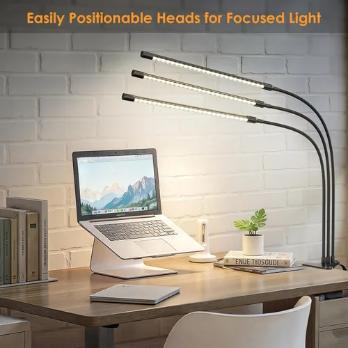 Miniatura 8 de ShineTech Lámpara de escritorio LED con abrazadera, iluminación ultra ancha de 3 cabezales, 4 modos de color, lámpara de trabajo de cuello de cisne