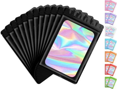FUNFERY 100 piezas de bolsas resellables transparentes holográficas, bolsas de embalaje a prueba de olores, bolsas de almacenamiento de alimentos de