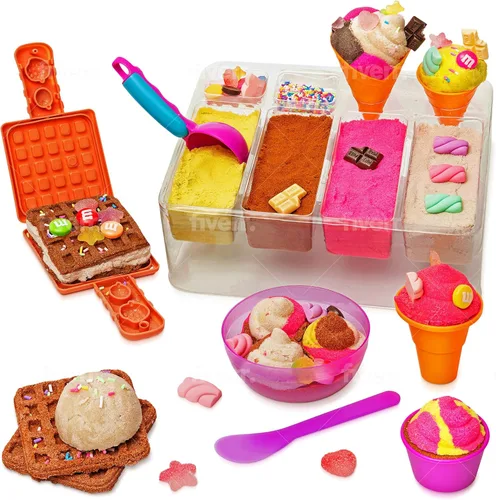 Kipipol Caja sensorial - Juego de arena de juguete de helado de 29 piezas con 9 juguetes de arena de helado, 0,77 kg de arena lunar para niños, caja