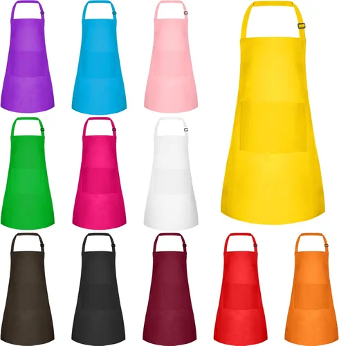 Paquete de 12 delantales para niños a granel con 2 bolsillos ajustables, delantales de arte de chef, delantales de pintura para niños, para cocinar,