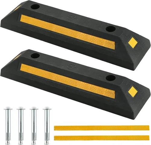 ATPEAM Tope de goma para suelo de vehículo, paquete de 2 bloques de estacionamiento negros con rayas reflectantes amarillas para automóvil, camión,
