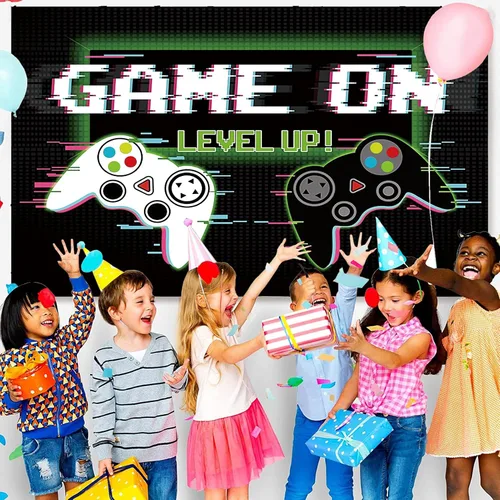 Miniatura 2 de Telón de fondo de videojuegos de 7 x 5 pies, accesorios de fotografía de juego sobre fondo, pancarta de fotos de feliz cumpleaños para fanáticos