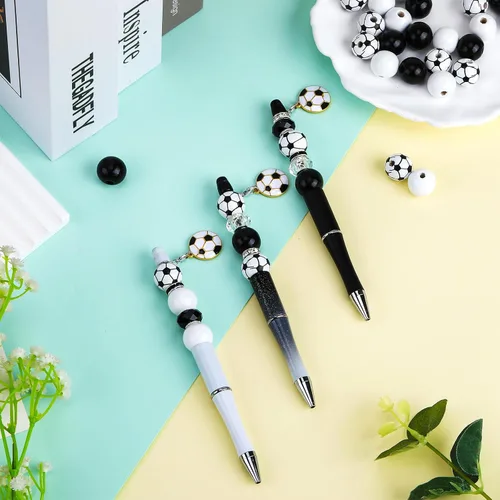 Miniatura 3 de 12 piezas de bolígrafos con cuentas a granel, bolígrafos con cuentas DIY, colgante de fútbol, bolígrafos con cuentas de tinta negra, kit de regalo