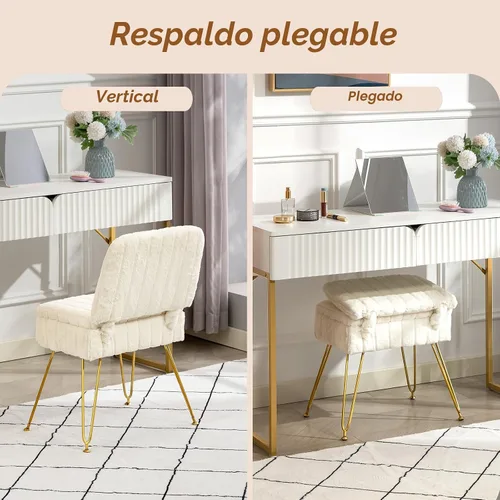 Miniatura 7 de Silla de tocador con almacenamiento, cómoda otomana con respaldo plegable, taburete de tocador de piel sintética con 4 patas de metal