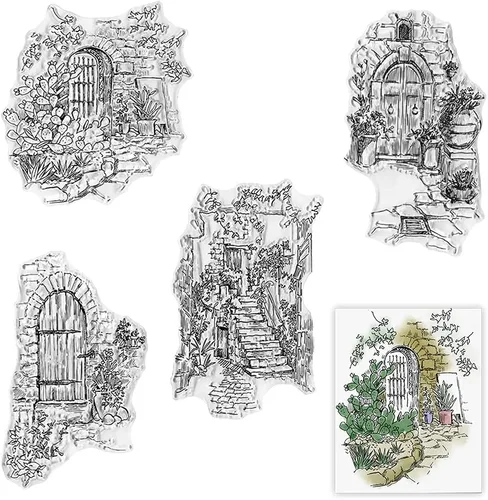 4 estilos de puertas de jardín, sellos transparentes para decoración de tarjetas, álbumes de recortes, paisajes de jardín de flores, sellos de goma
