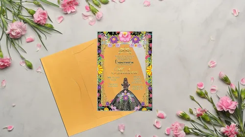 Miniatura 6 de Invitación de quinceañera Vestido negro Invitación de cristal, Mis Membrillo, Dulce 15, Dulce 16, Diseño floral, XV Aros, 15 años