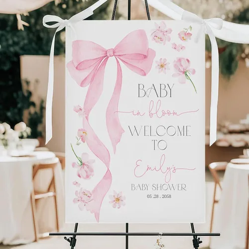 Miniatura 3 de Letrero de bienvenida personalizado con lazo rosa, editable imprimible para fiesta de bebé, letrero de baby shower con lazo rosa #4 Baby Shower #4