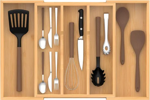 Organizador de cajones de cocina expandible de bambú, 13 a 23 pulgadas, bandeja ajustable para utensilios y cubiertos, organizador de cajones de