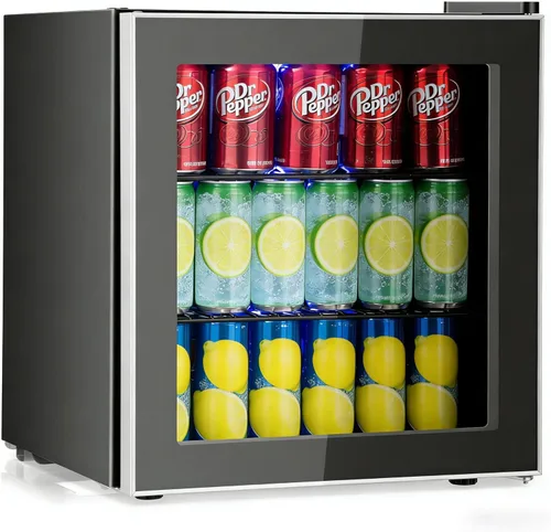 Miniatura 10 de COSTWAY Refrigerador de bebidas, 1.3 pies cúbicos, 12 botellas y 55 latas, mini refrigerador con puerta de vidrio templado, estante extraíble