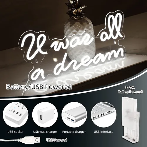 Miniatura 3 de ATOLS Letrero de neón con texto en inglés «It Was All a Dream» para decoración de pared, funciona con pilas o USB, con texto en inglés «It Was All a
