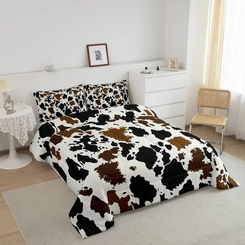 Miniatura 3 de Juego de edredón de piel de vaca, edredón de plumón con estampado de vaca, juegos de ropa de cama de teñido anudado negro y marrón para niños