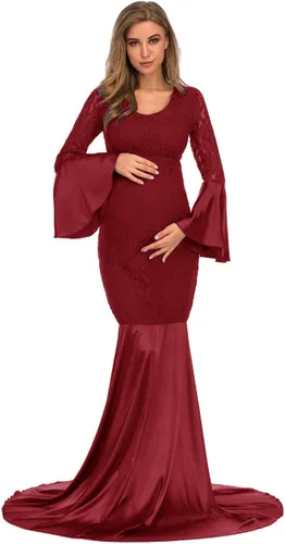 ZIUMUDY Vestido ajustado de encaje de maternidad de manga larga maxi sirena fotografía vestido baby shower sesión de fotos