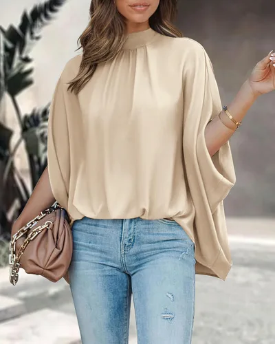 Miniatura 119 de BTFBM Blusas de verano para mujer, cuello alto falso, manga murciélago, holgadas, dobladillo alto y bajo, blusas informales de gran