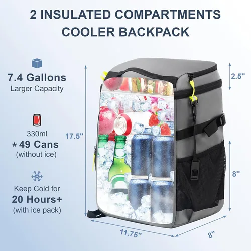 Miniatura 2 de SPARTER - Mochila enfriadora aislada a prueba de fugas para 33/49 latas, bolsa térmica con 2 compartimentos aislados, mochila de playa, viaje, Gris