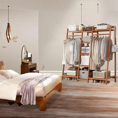 Miniatura 6 de Perchero de bambú para ropa, estante de almacenamiento, perchero para colgar ropa, organizador de armario con zapatero, armario portátil