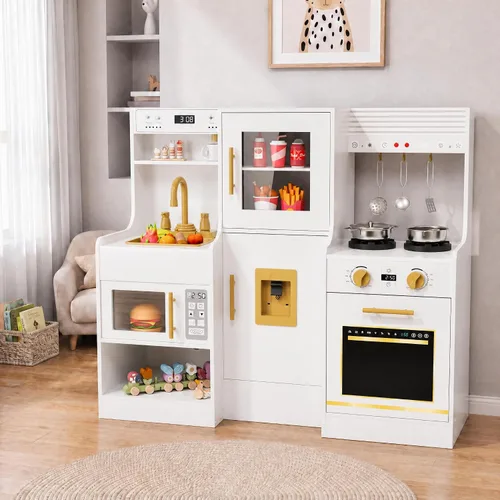 MAMIZO Cocina de Juego de Madera para Niños, Set de Juego de Cocina de Juguete para Niños Pequeños, Grande Interactivo de Simulación con 6 Blanco
