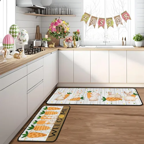 Miniatura 5 de Juego de 2 alfombras y tapetes de cocina de conejo de zanahoria y conejo, decoración de Pascua antideslizante, decoración de Pascua para el hogar