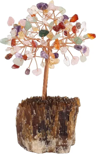 Miniatura 16 de mookaitedecor Árbol de cristal de peridoto natural sobre base de racimo de calcita ámbar, adorno de árbol de dinero de Feng Shui para decoración